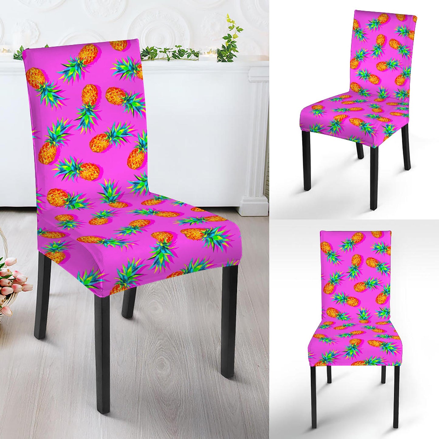 Hot Pink Pineapple Pattern Print Dining Chair Slipcover