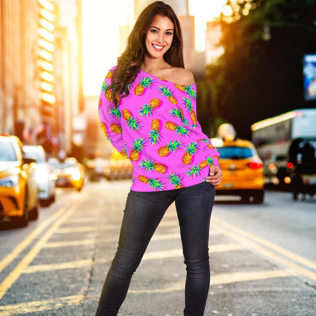 Hot Pink Pineapple Pattern Print Off Shoulder Sweatshirt GearFrost