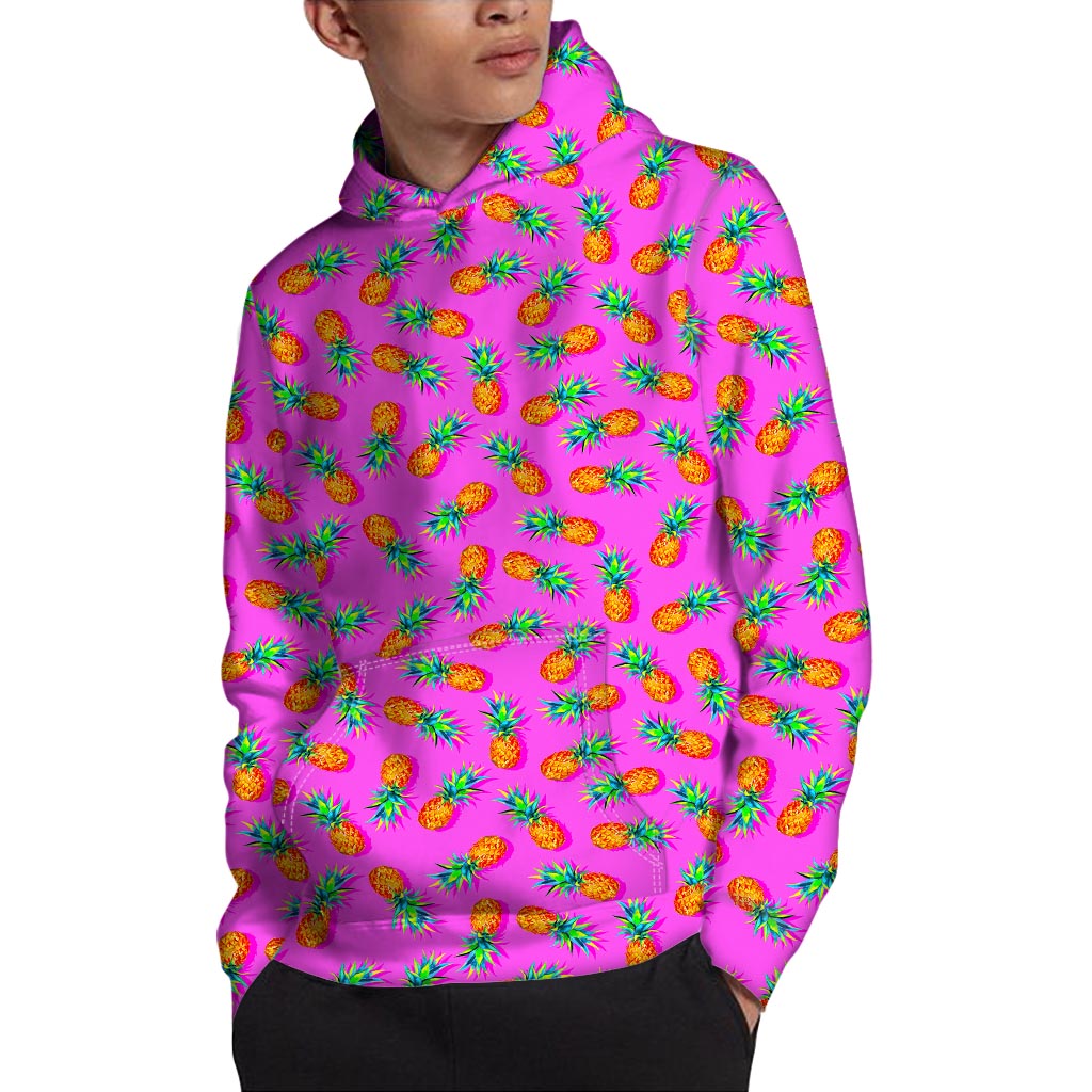 Hot Pink Pineapple Pattern Print Pullover Hoodie