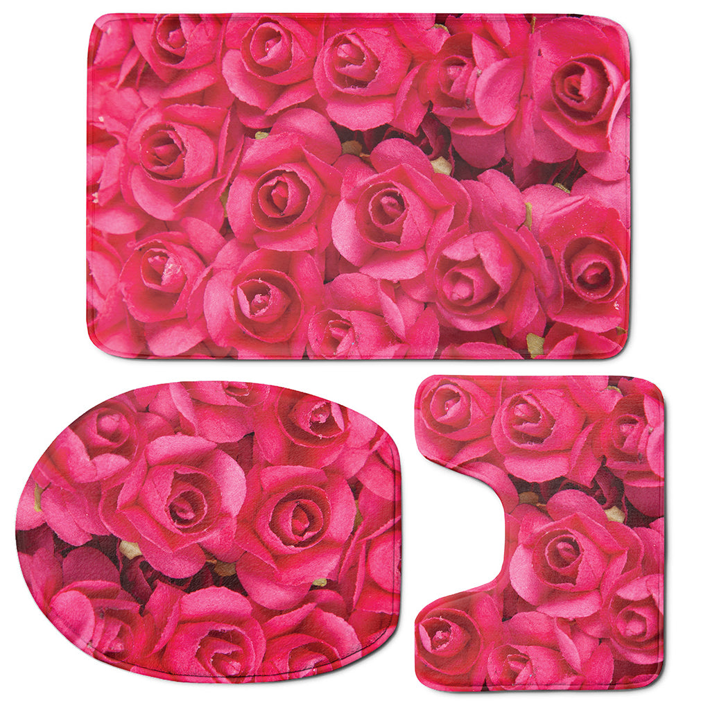Hot Pink Rose Print 3 Piece Bath Mat Set