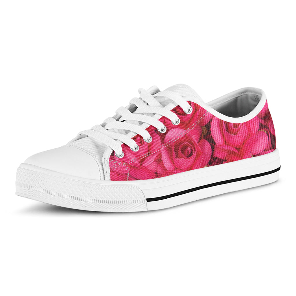 Hot Pink Rose Print White Low Top Shoes