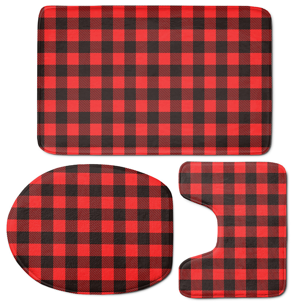 Hot Red Buffalo Plaid Print 3 Piece Bath Mat Set
