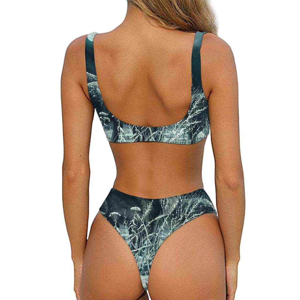 Howling Snowy Wolf Painting Print Front Bow Tie Bikini