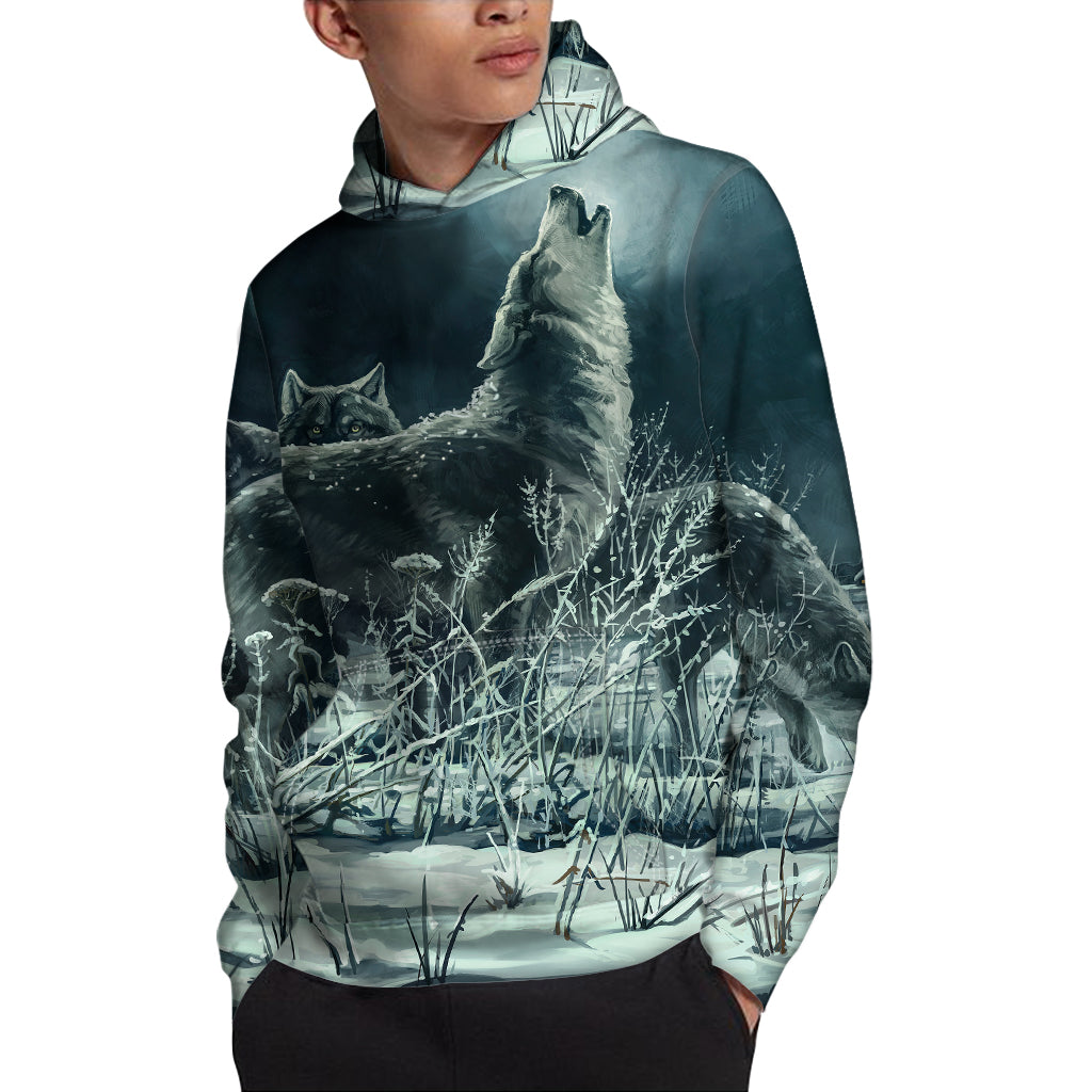 Howling Snowy Wolf Painting Print Pullover Hoodie