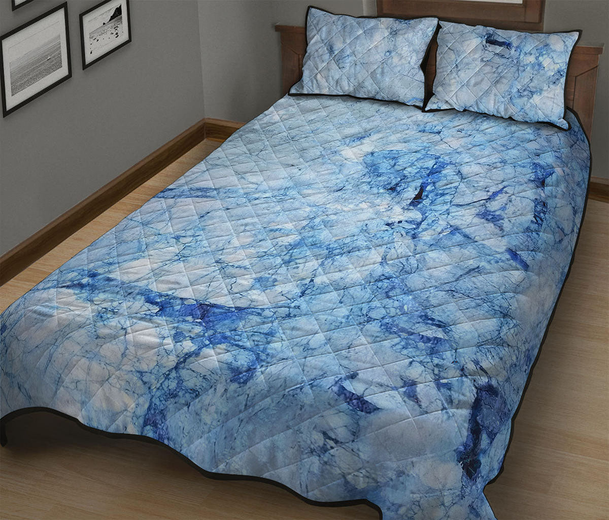 Ice Blue Marble Print Quilt Bed Set