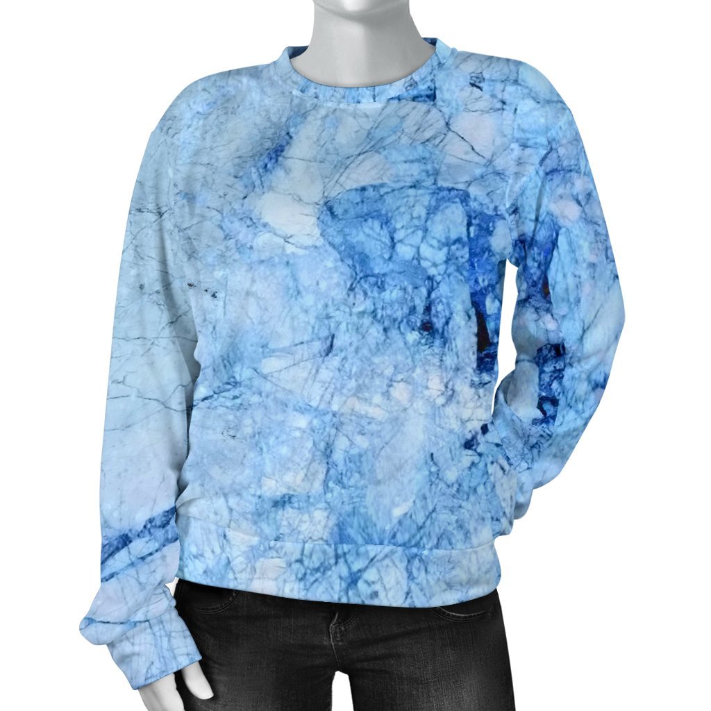 Ice Blue Marble Print Women's Crewneck Sweatshirt GearFrost