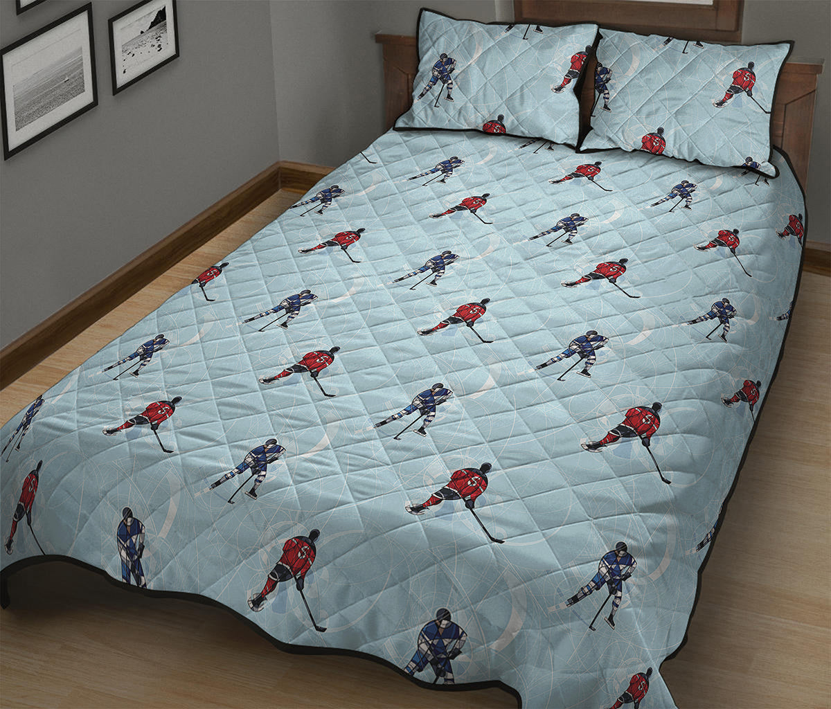 Ice Hockey Players Pattern Print Quilt Bed Set