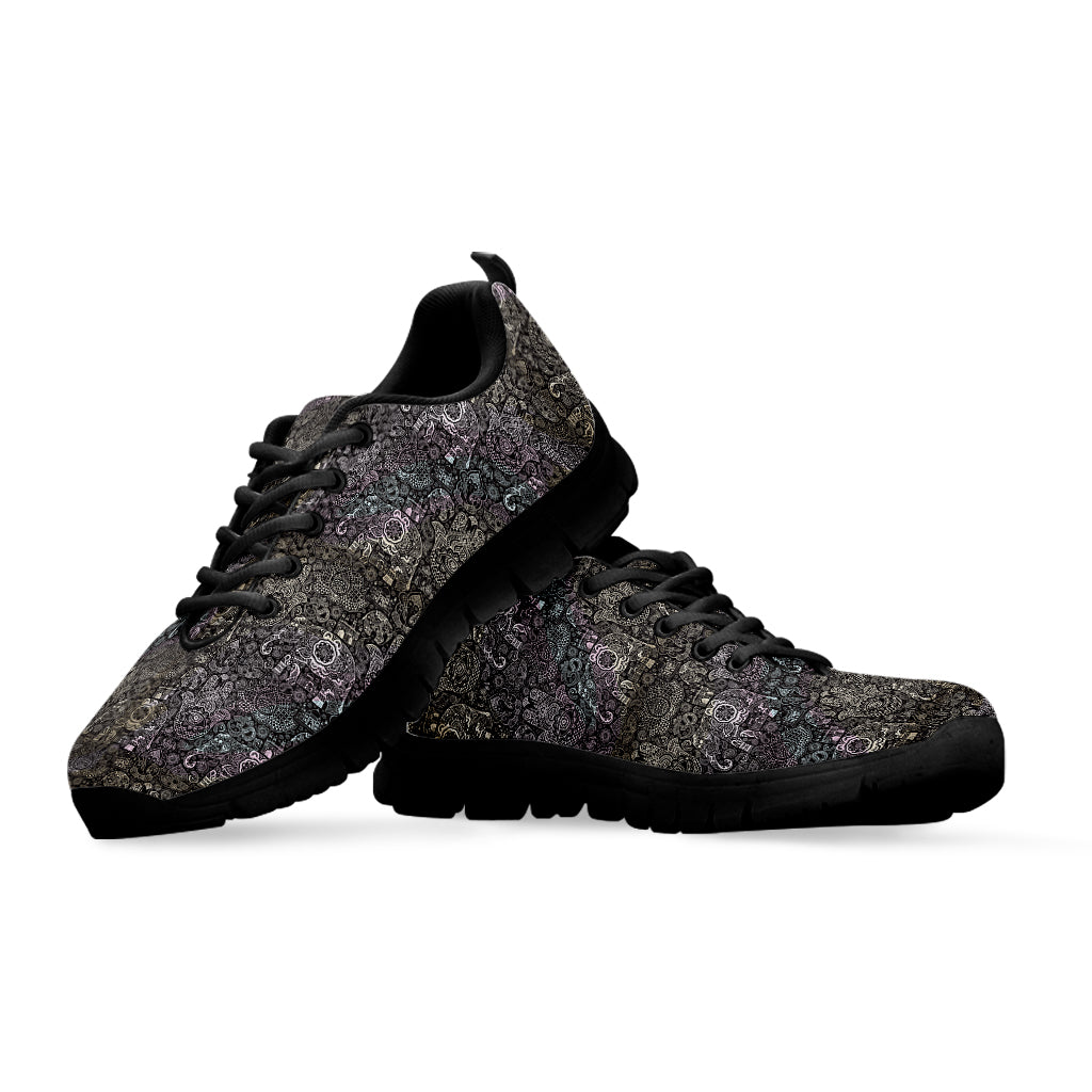Indian Boho Elephant Pattern Print Black Sneakers