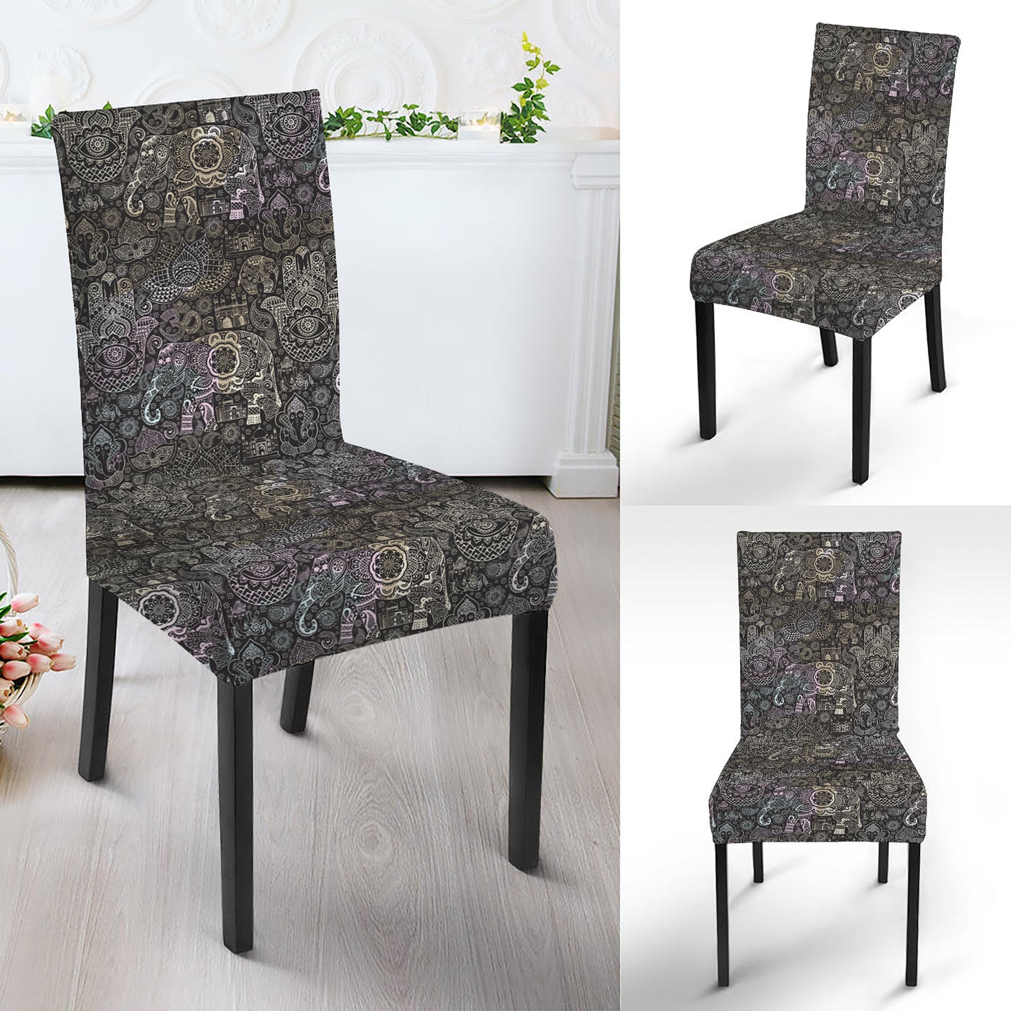 Indian Boho Elephant Pattern Print Dining Chair Slipcover