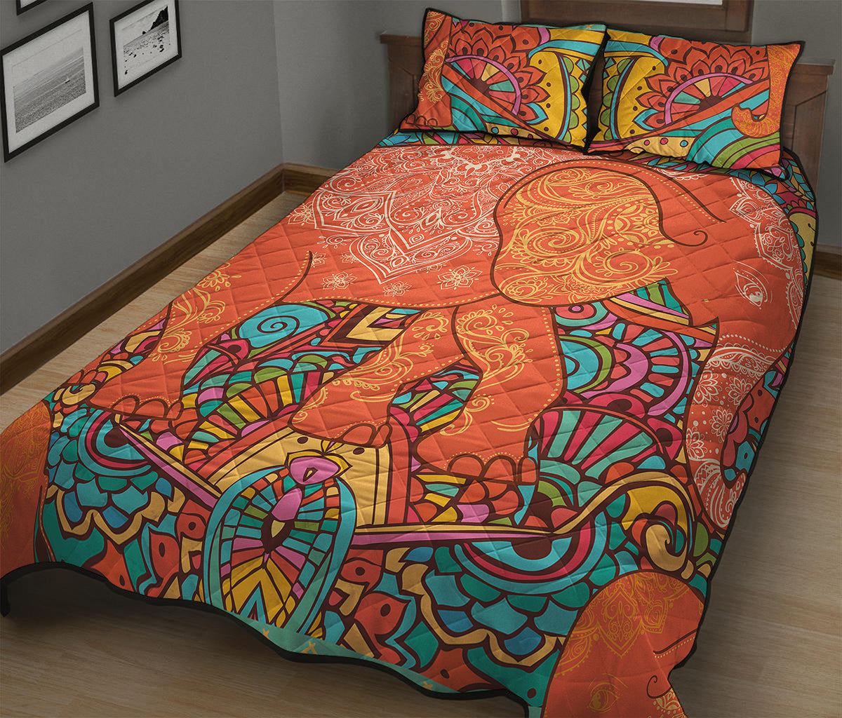 Indian Boho Hippie Elephant Print Quilt Bed Set