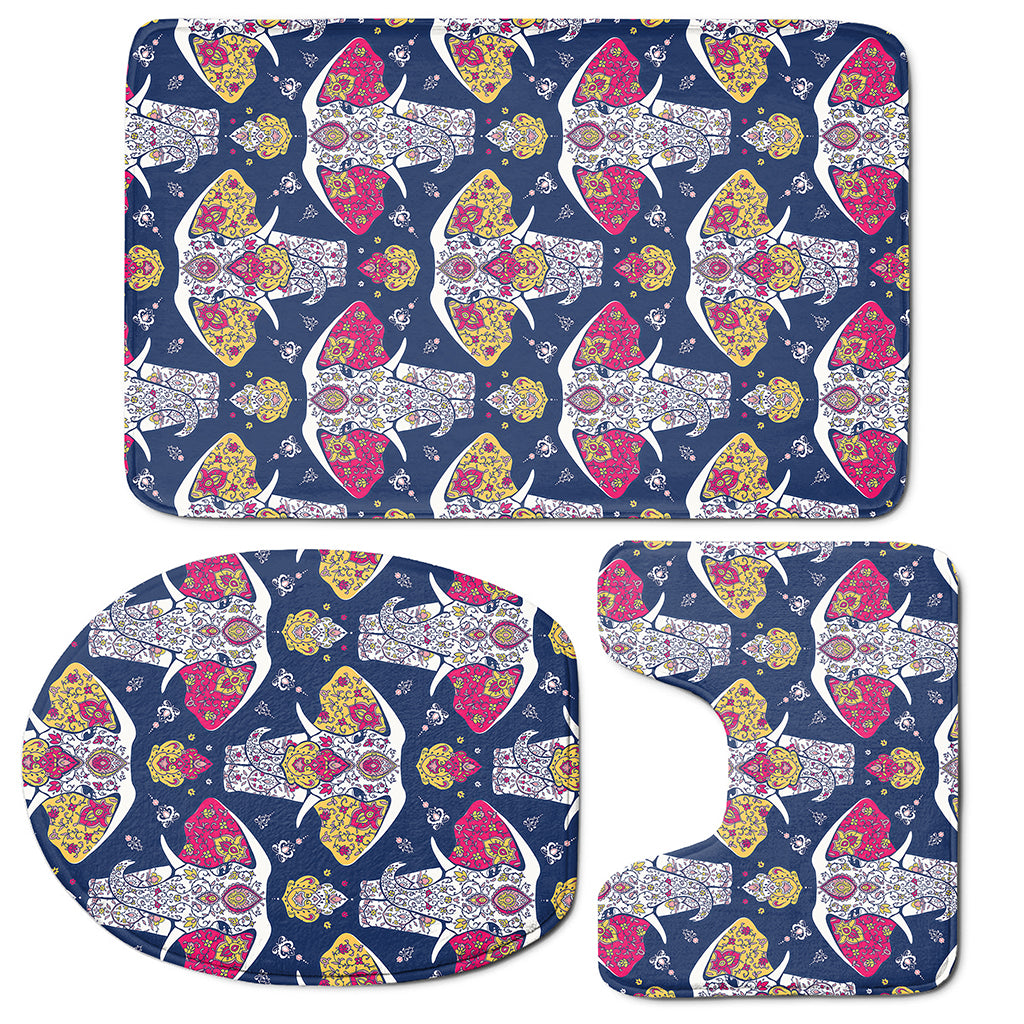 Indian Floral Elephant Pattern Print 3 Piece Bath Mat Set