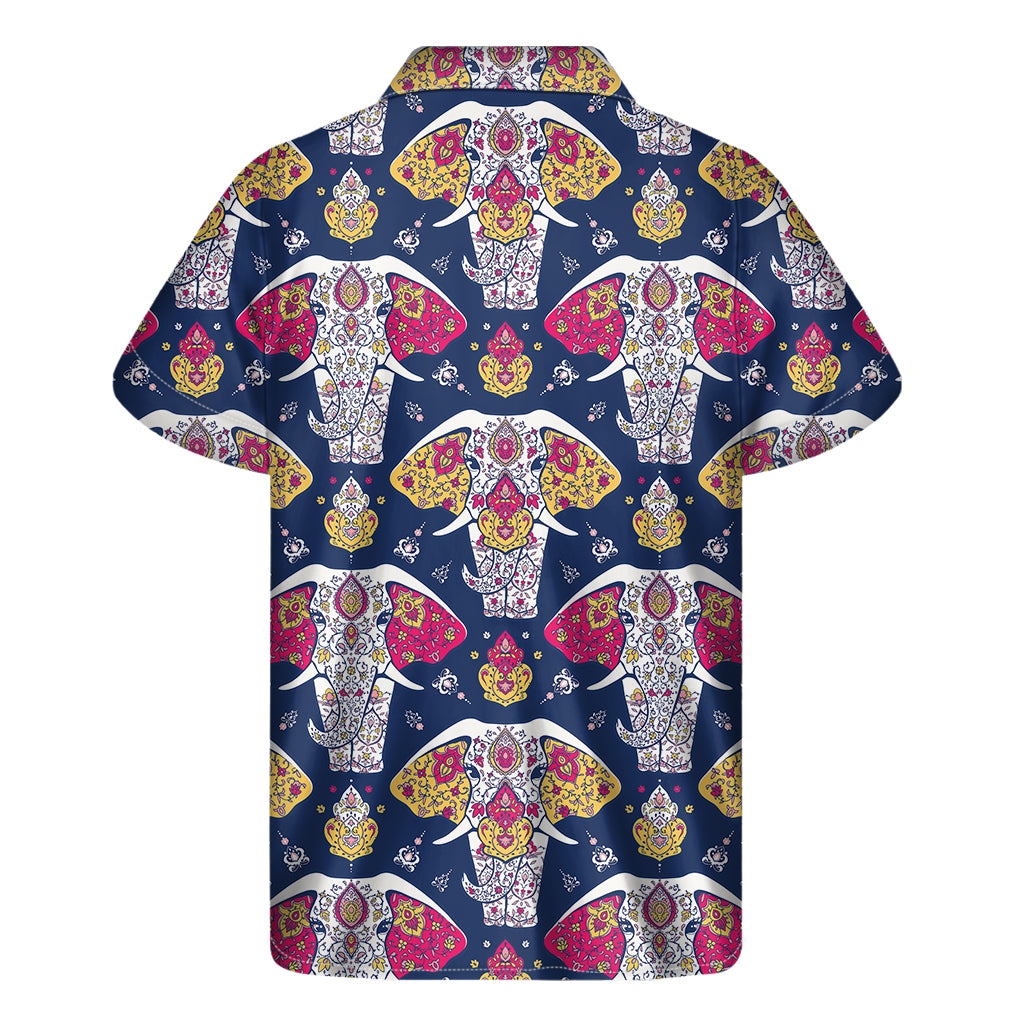 Indian Floral Elephant Pattern Print Men's Short Sleeve Shirt