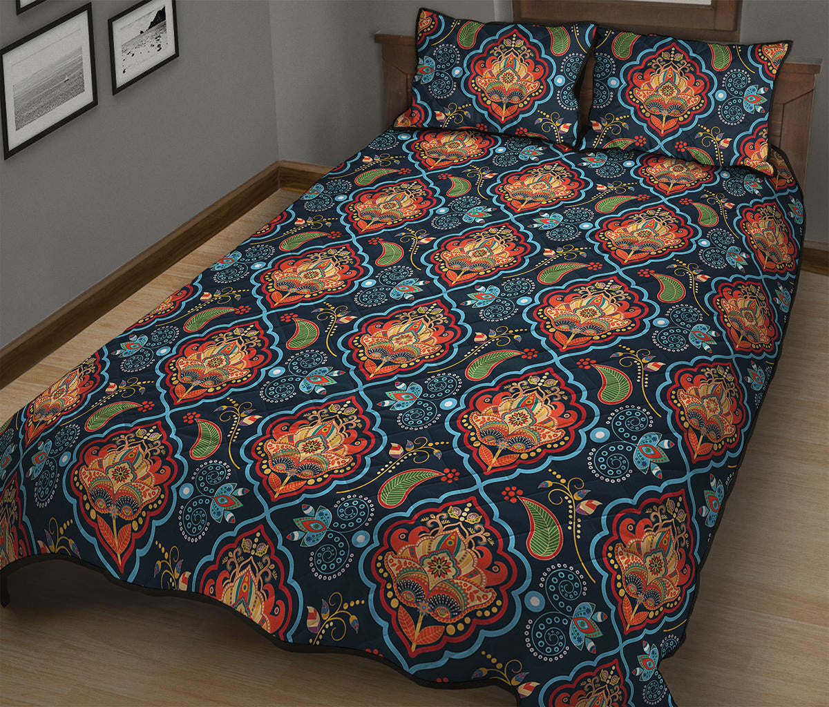 Indian Floral Paisley Pattern Print Quilt Bed Set