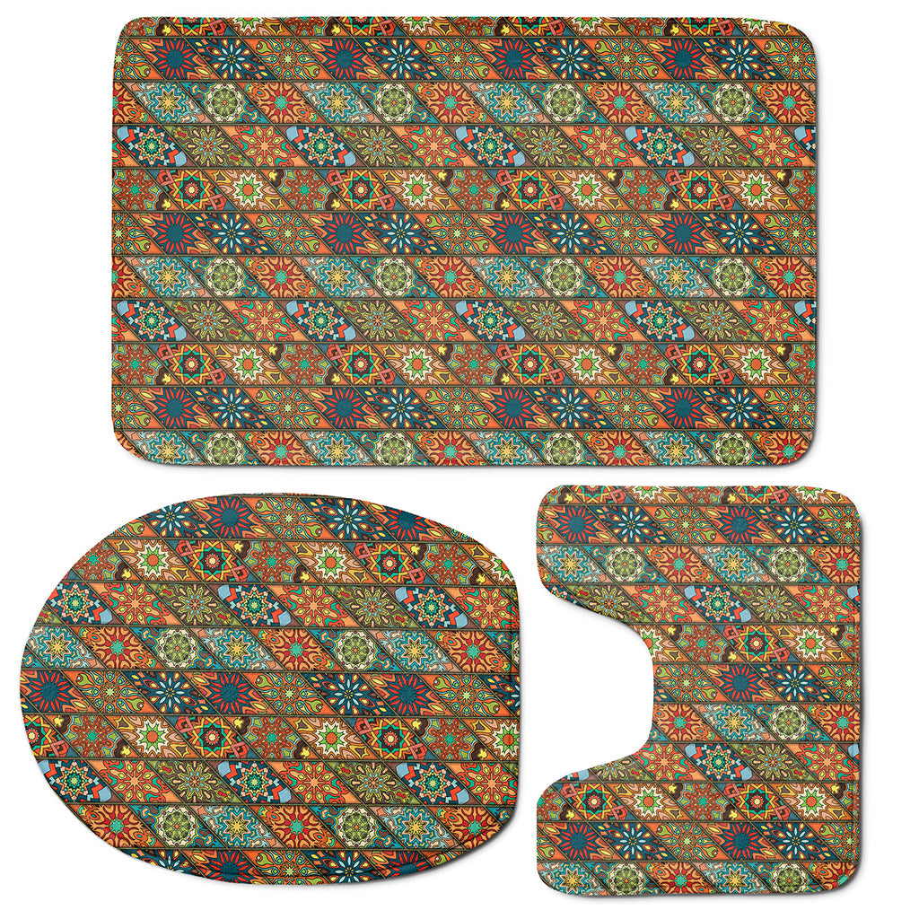 Indian Floral Patchwork Pattern Print 3 Piece Bath Mat Set