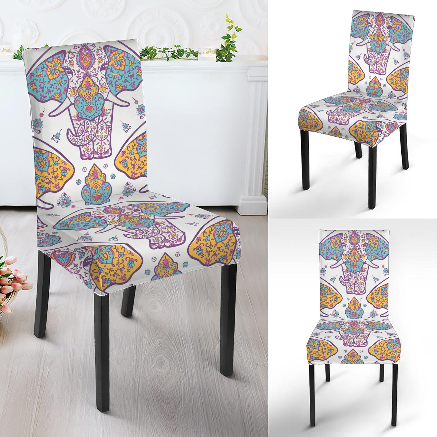 Indian Flower Elephant Pattern Print Dining Chair Slipcover