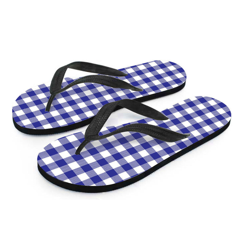 Indigo Blue And White Gingham Print Flip Flops