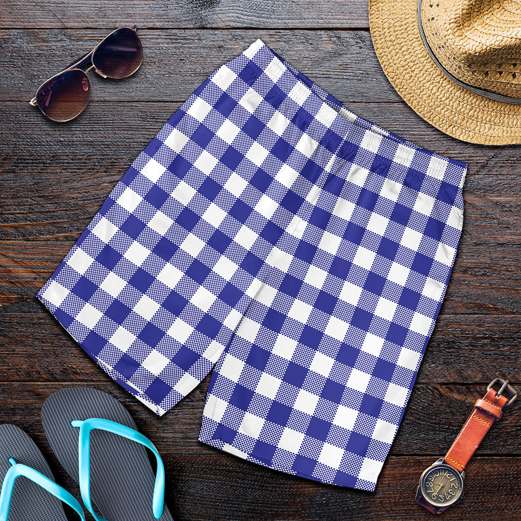 Indigo Blue And White Gingham Print Men's Shorts