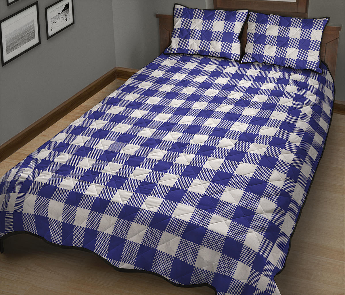 Indigo Blue And White Gingham Print Quilt Bed Set