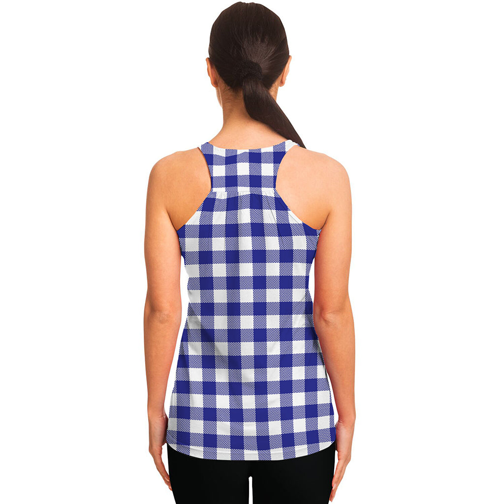 Indigo Blue And White Gingham Print Women's Racerback Tank Top