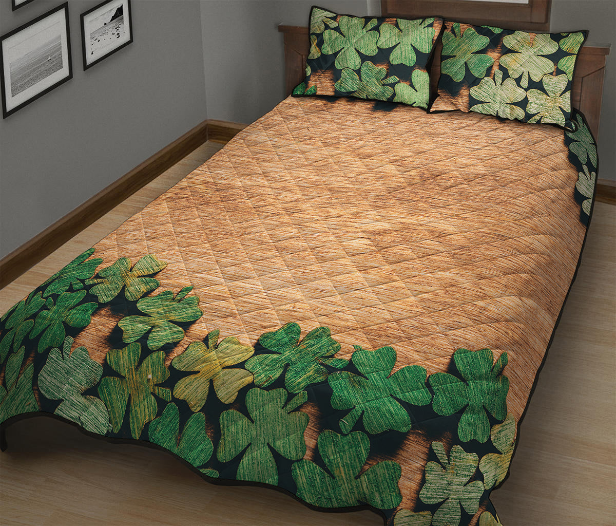 Irish Four Leaf Clovers Wood Print Quilt Bed Set
