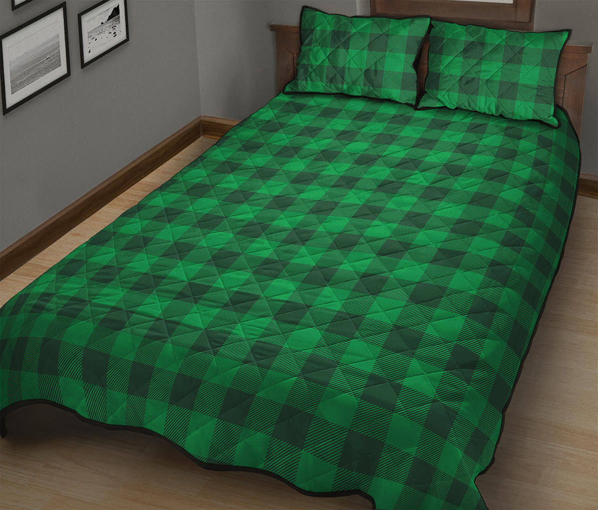 Irish Green Buffalo Check Pattern Print Quilt Bed Set