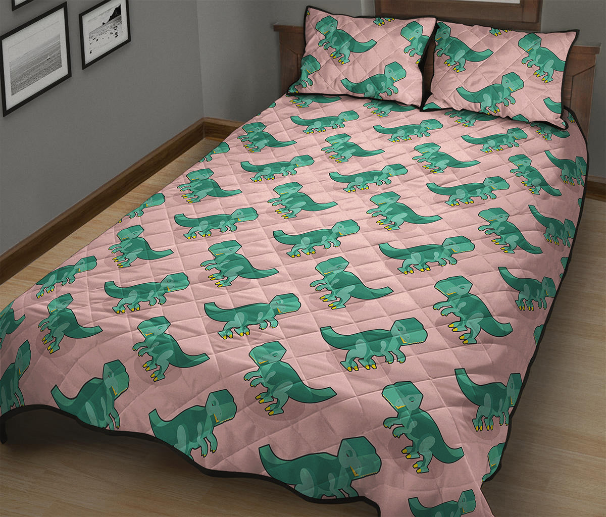 Isometric Tyrannosaurus Pattern Print Quilt Bed Set