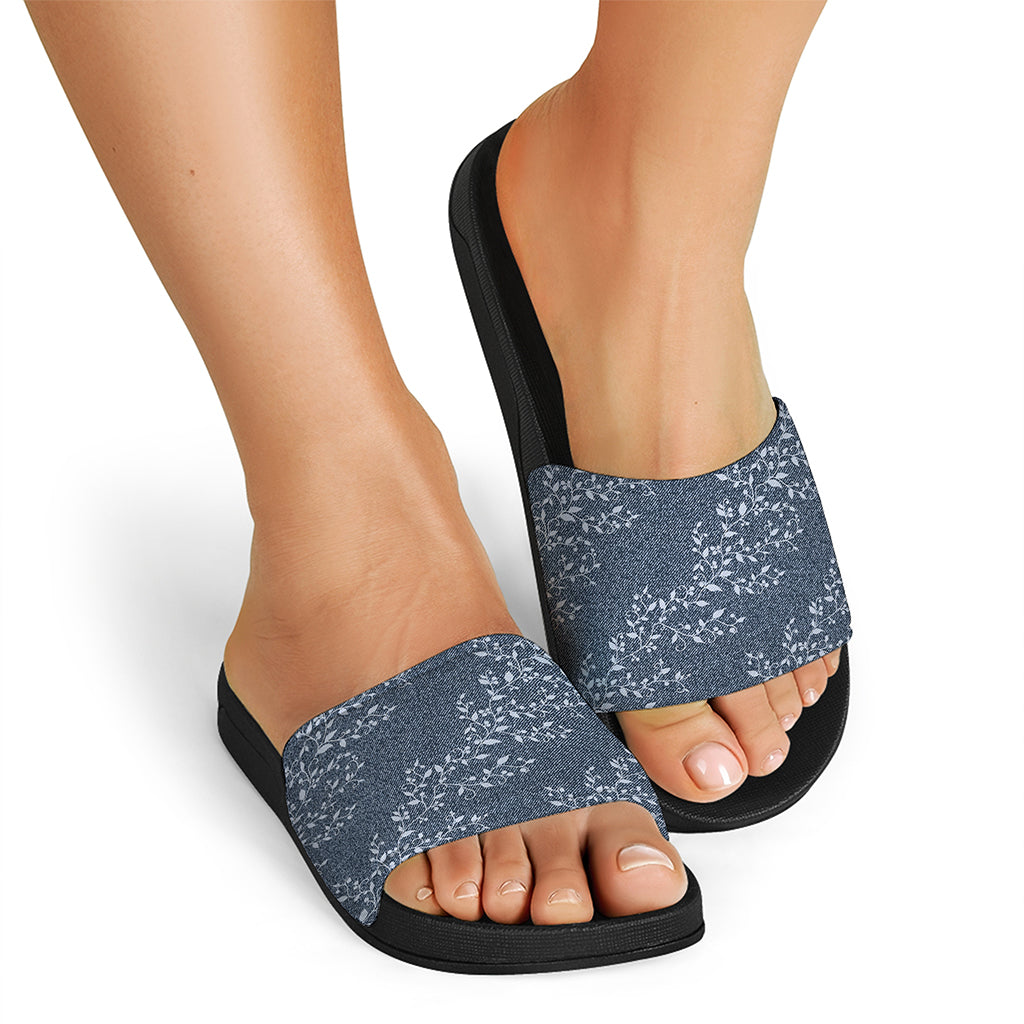 Ivy Flower Denim Jeans Pattern Print Black Slide Sandals