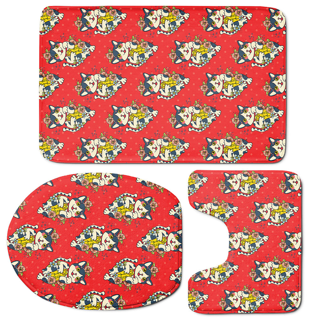 Japanese Cat Maneki Neko Pattern Print 3 Piece Bath Mat Set