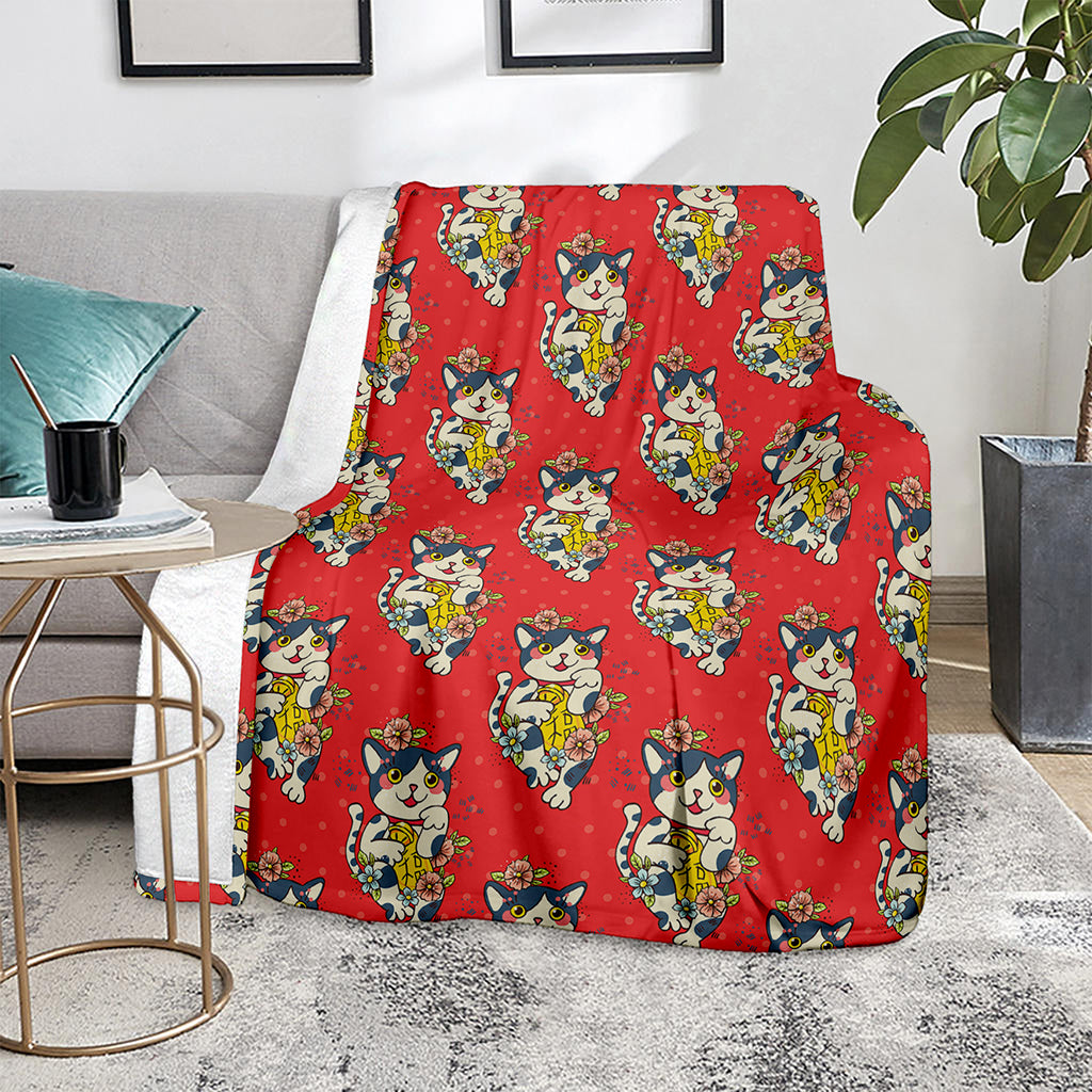 Japanese Cat Maneki Neko Pattern Print Blanket