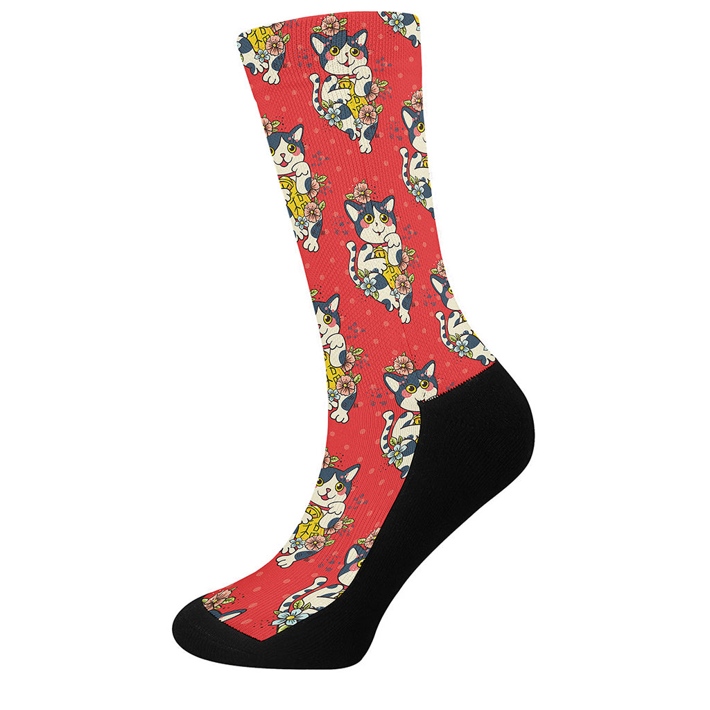 Japanese Cat Maneki Neko Pattern Print Crew Socks