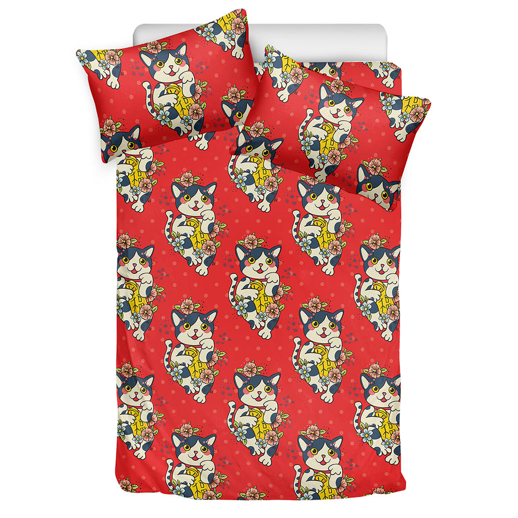 Japanese Cat Maneki Neko Pattern Print Duvet Cover Bedding Set