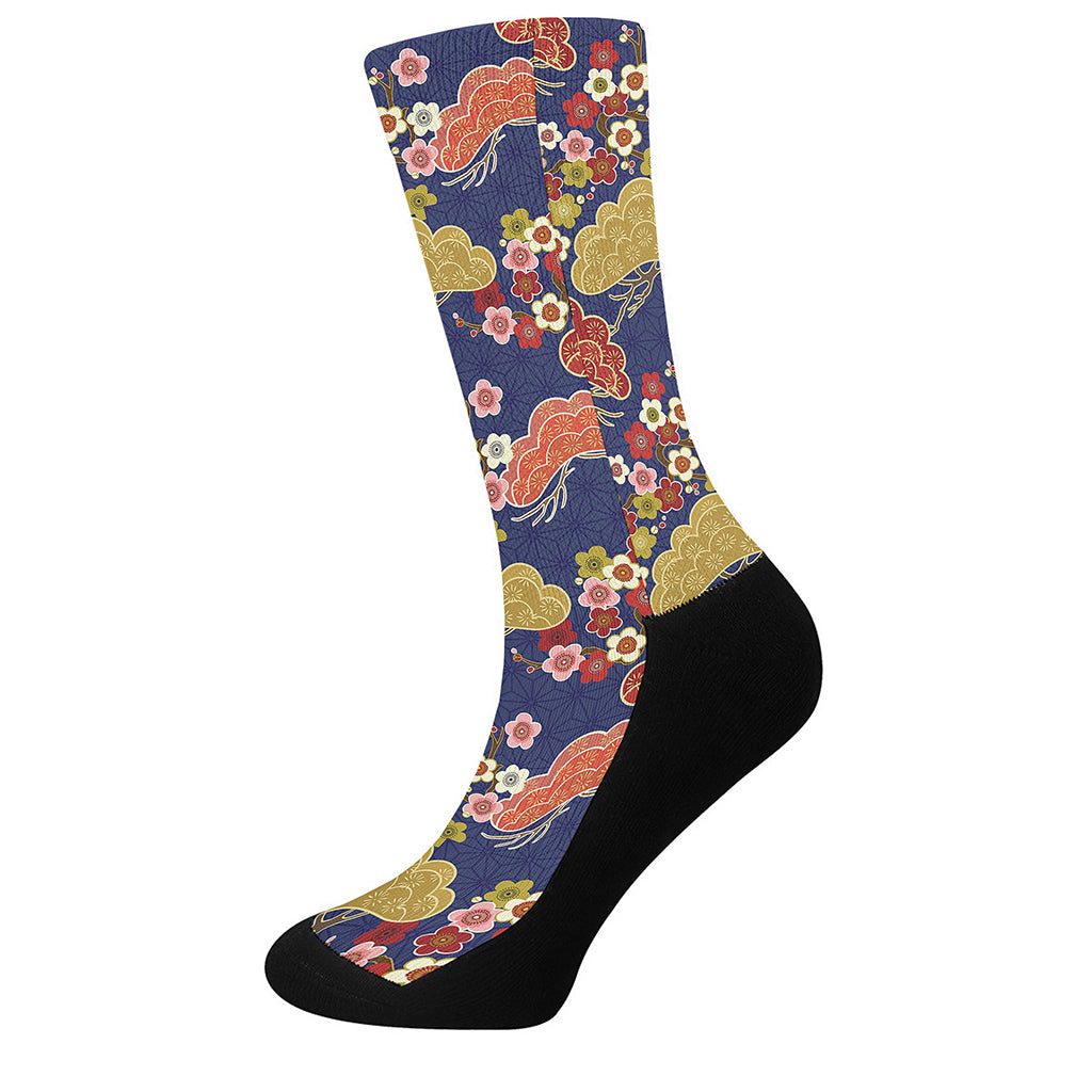 Japanese Cherry Blossom Pattern Print Crew Socks