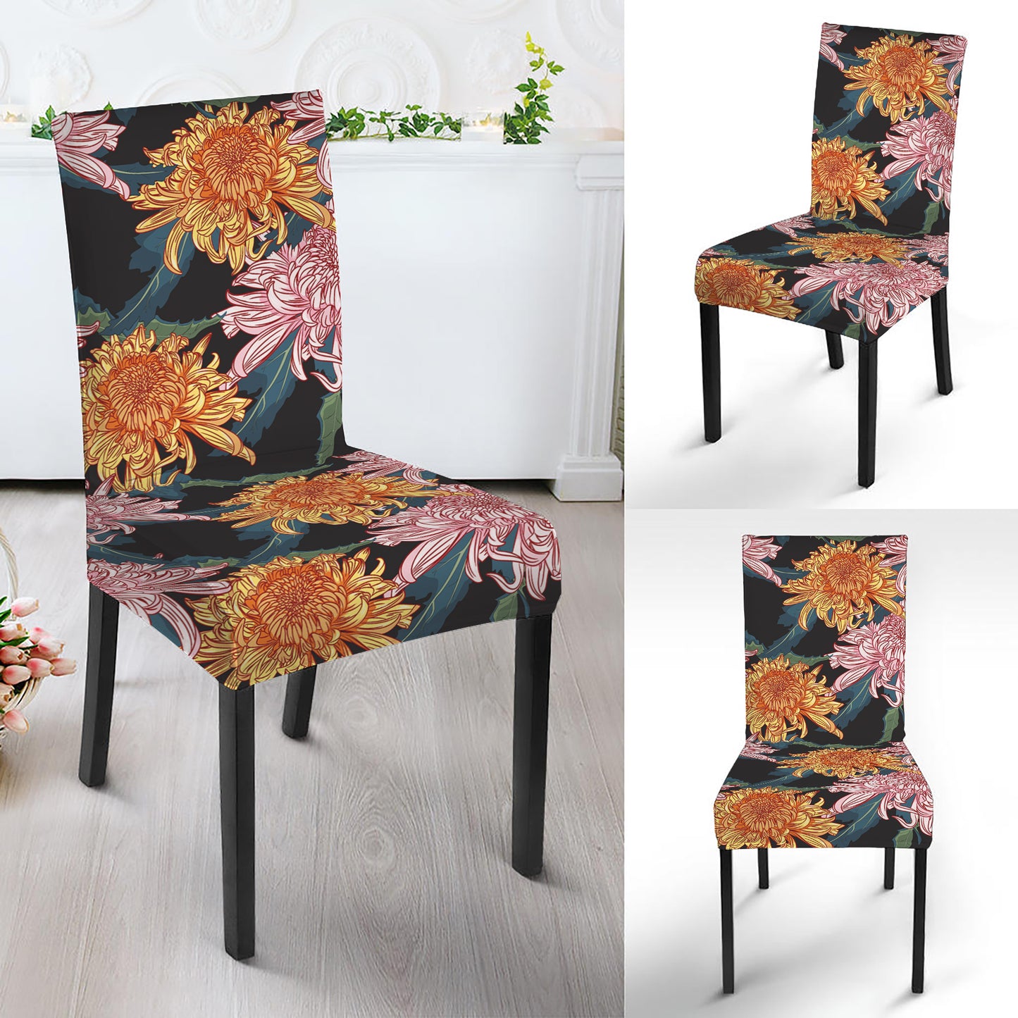Japanese Chrysanthemum Pattern Print Dining Chair Slipcover