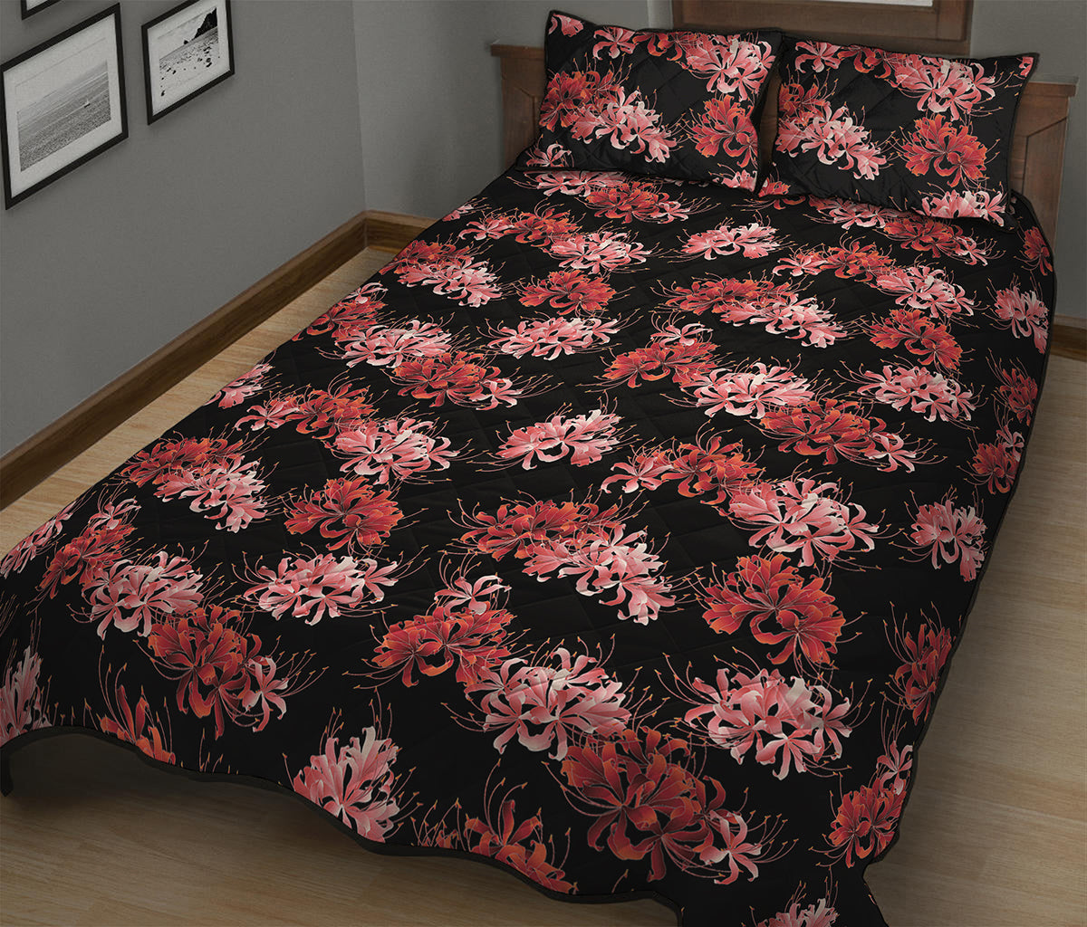 Japanese Cluster Amaryllis Pattern Print Quilt Bed Set