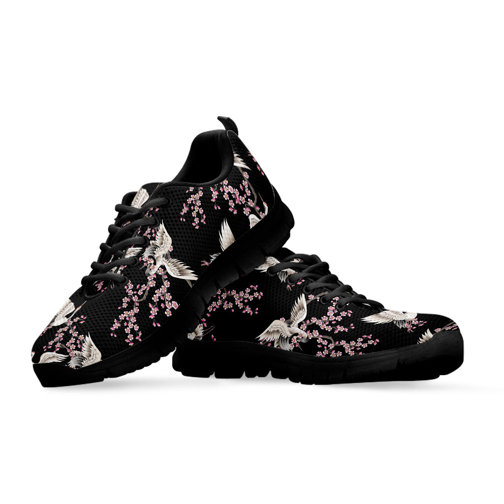 Japanese Crane Bird Pattern Print Black Sneakers