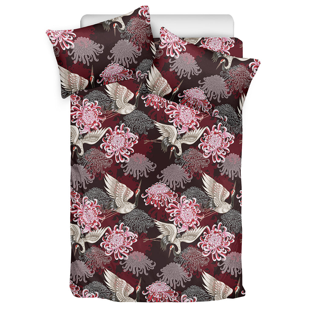 Japanese Cranes And Chrysanthemums Print Duvet Cover Bedding Set