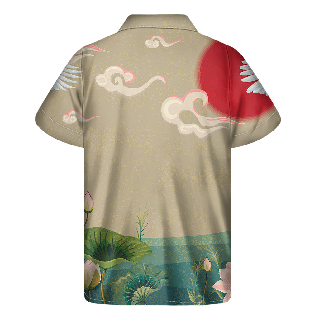 Japanese Cranes At Sunset Print Men's Short Sleeve Shirt