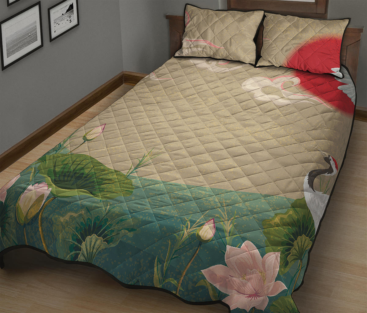 Japanese Cranes At Sunset Print Quilt Bed Set