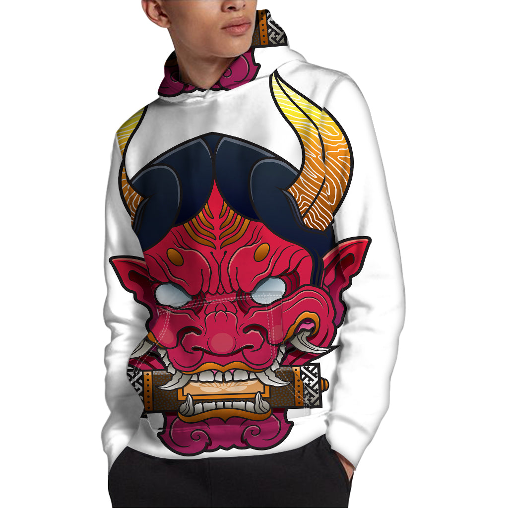 Japanese Demon Mask Print Pullover Hoodie