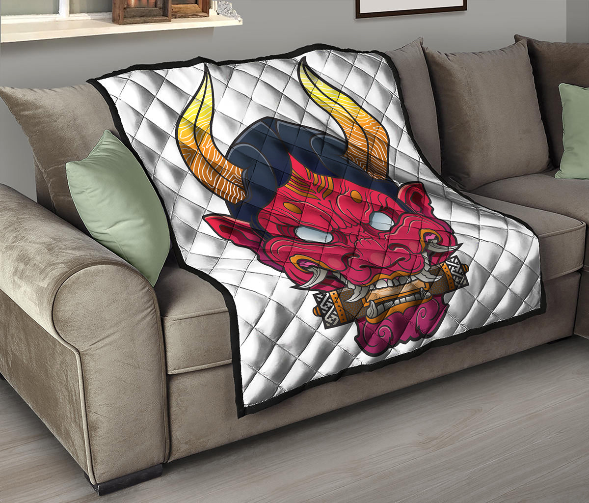 Japanese Demon Mask Print Quilt