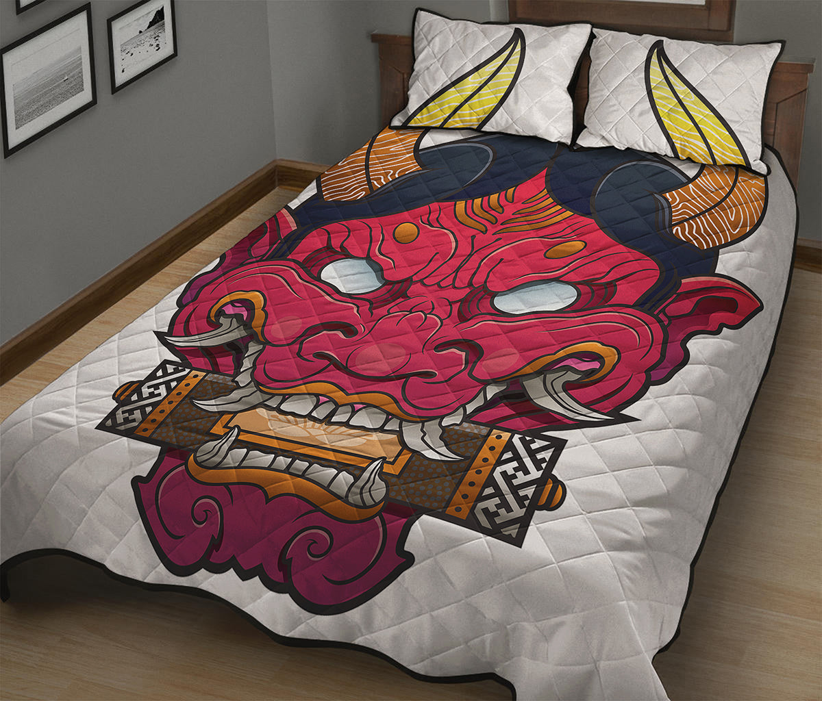 Japanese Demon Mask Print Quilt Bed Set