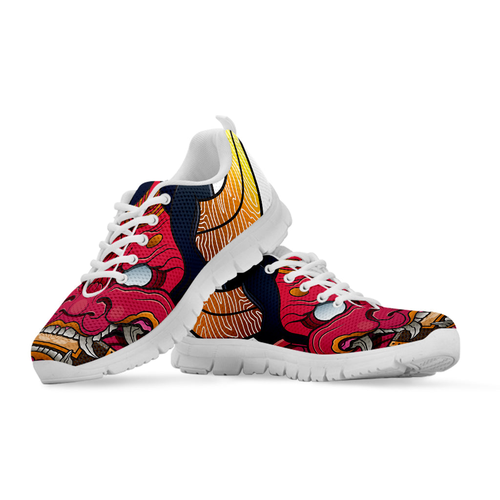 Japanese Demon Mask Print White Sneakers
