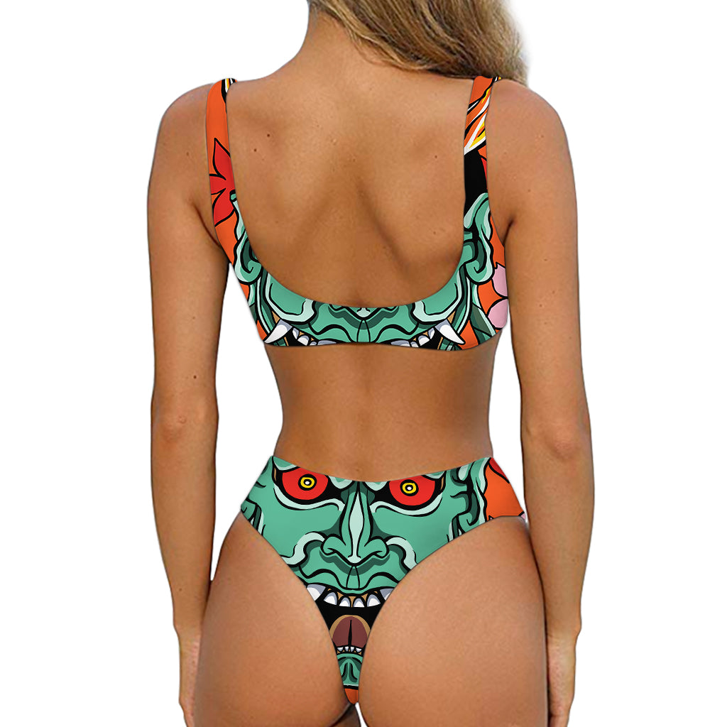 Japanese Demon Print Front Bow Tie Bikini