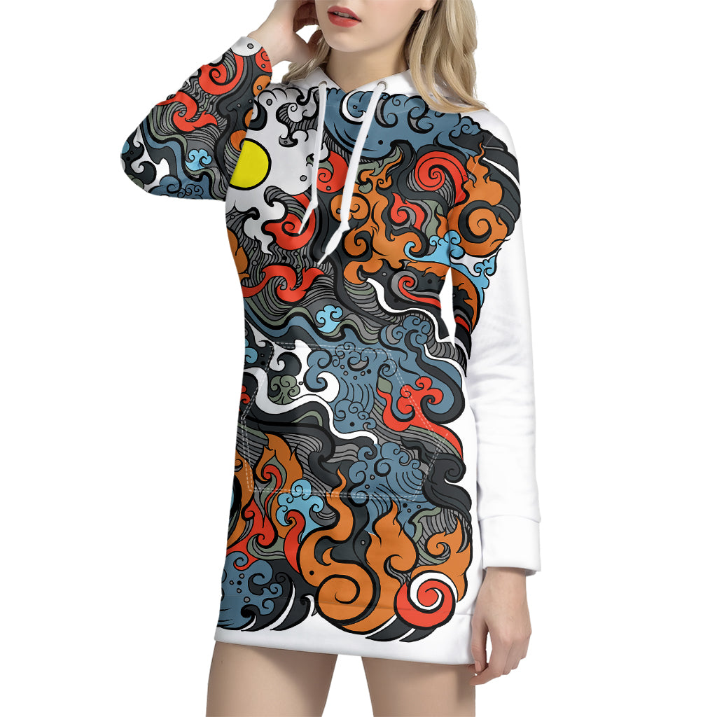 Japanese Elemental Tattoo Print Pullover Hoodie Dress