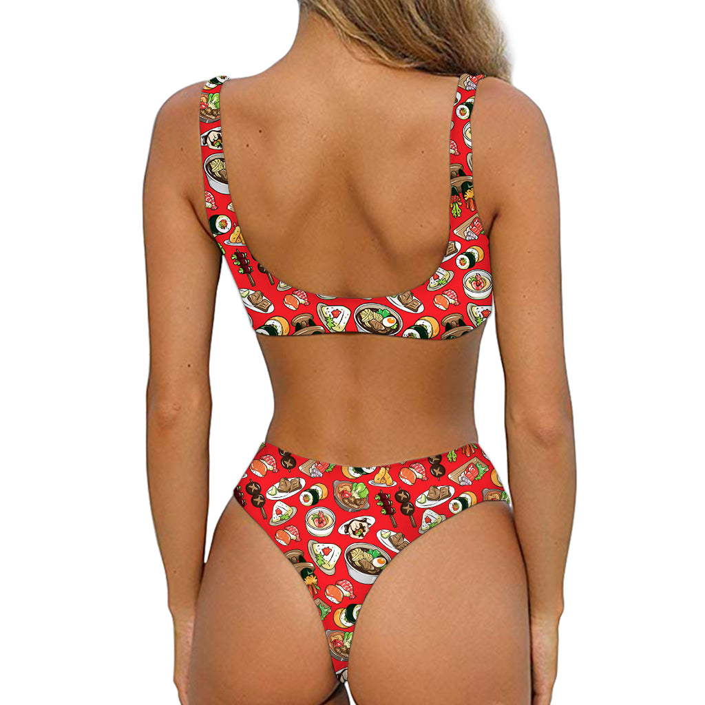 Japanese Food Pattern Print Front Bow Tie Bikini