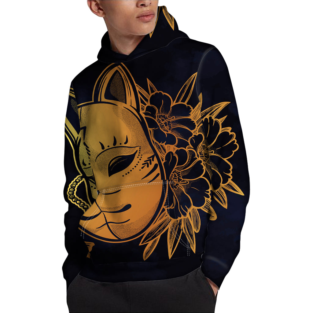 Japanese Fox Mask Print Pullover Hoodie