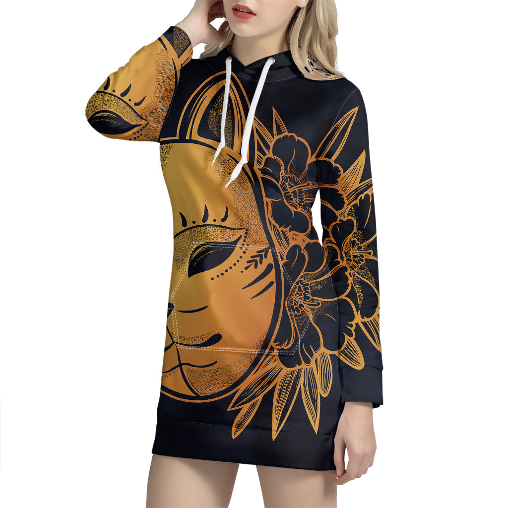 Japanese Fox Mask Print Pullover Hoodie Dress
