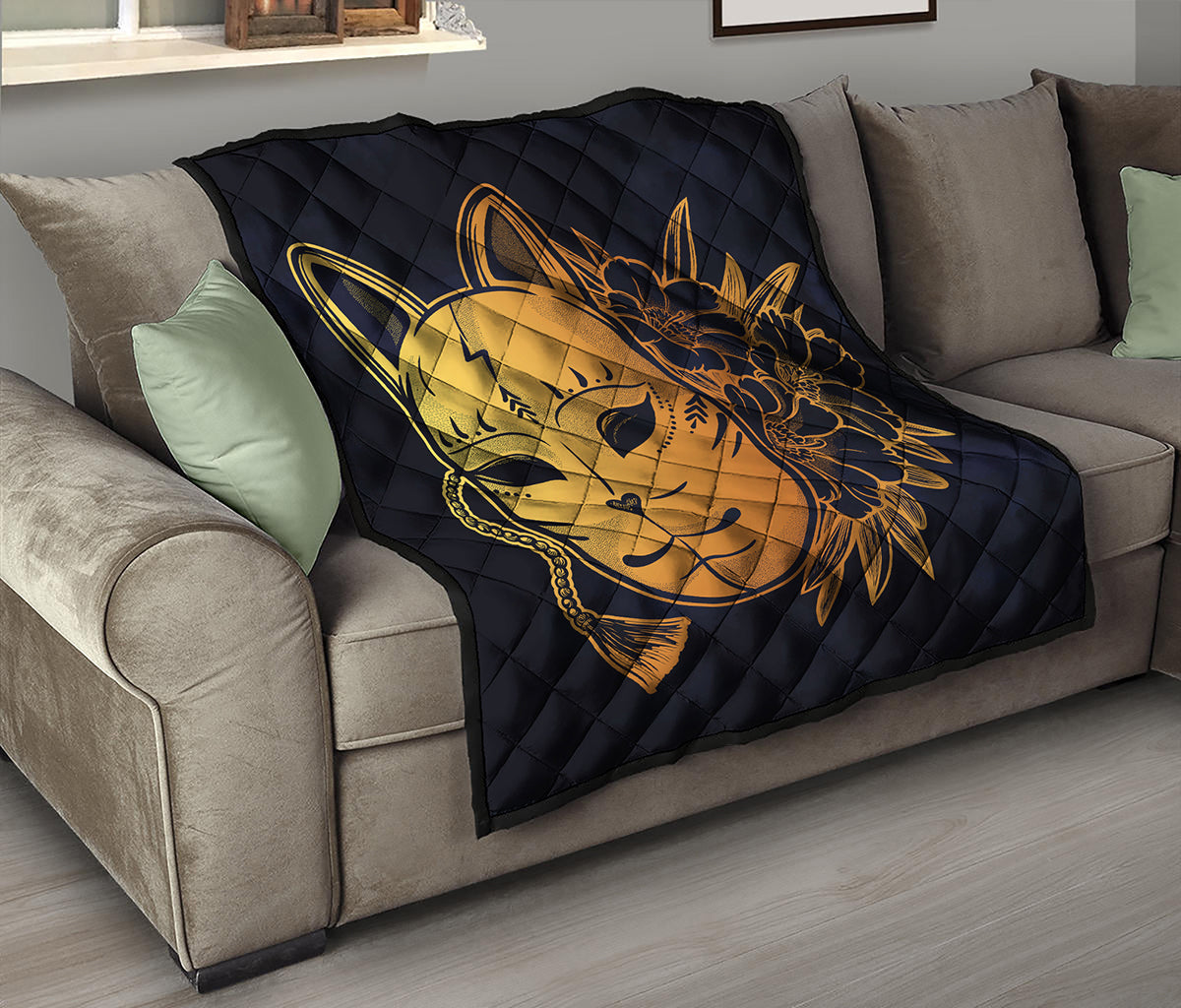 Japanese Fox Mask Print Quilt