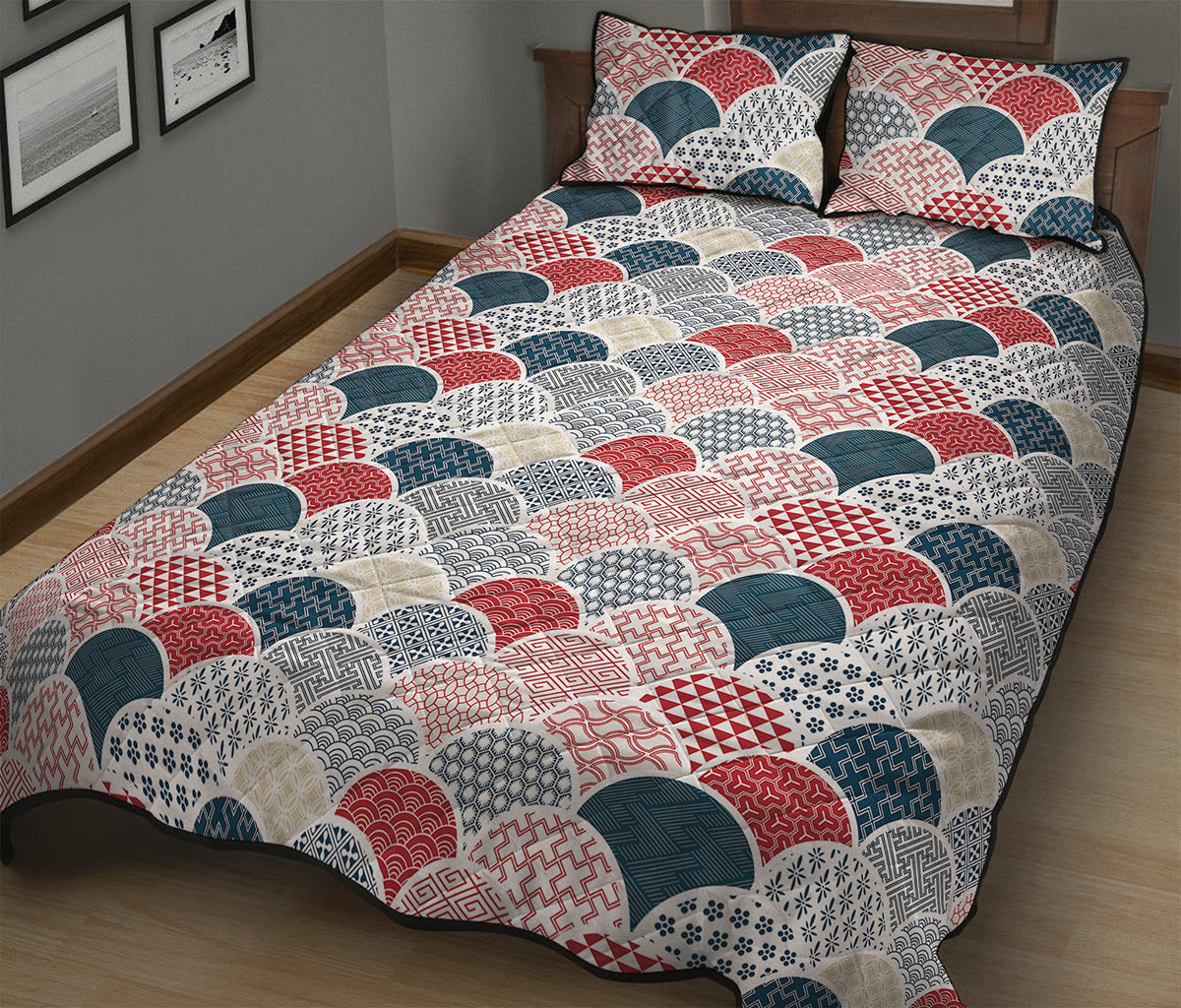 Japanese Geometric Pattern Print Quilt Bed Set