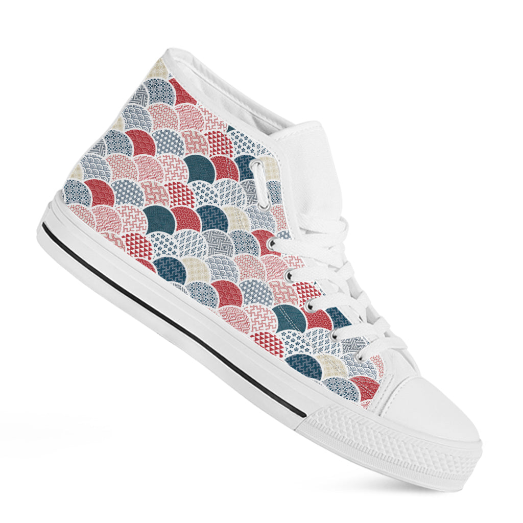 Japanese Geometric Pattern Print White High Top Shoes